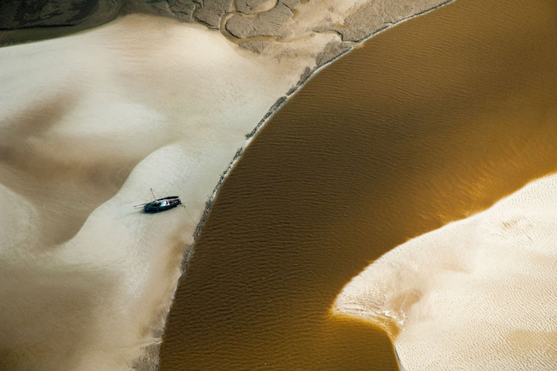 Boat on a sand bank, aerial view, Pwani Region, Tanzania